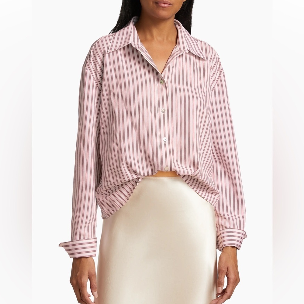 NWT Vince Till Stripe Cropped Button-Front Shirt in Peony Wood/Off White
